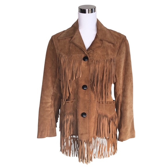VINTAGE 70s Pioneer Wear Ms. Pioneer Tan Suede Fringed Western Leather Jacket M - Picture 1 of 12